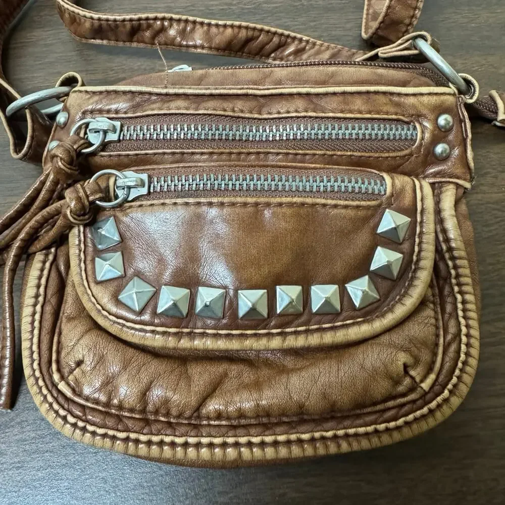 Vintage Mudd Distressed Brown Square Studded Crossbody Bag